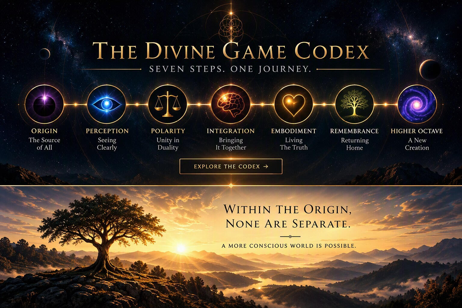 The Divine Game Codex – Seven Steps, One Journey The Divine Game Codex by OrginCoreX – seven steps from Origin through Perception, Polarity, Integration, Embodiment and Remembrance to a Higher Octave.