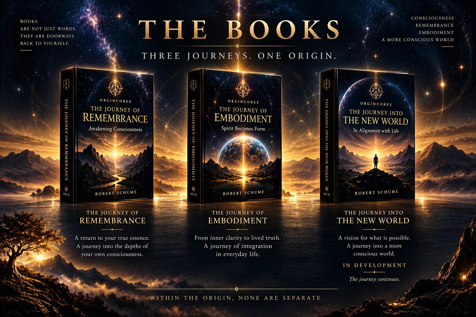 OrginCoreX – The Books | Three Journeys, One Origin The OrginCoreX book series by Robert Schume: The Journey of Remembrance, The Journey of Embodiment, and The Journey into the New World.
