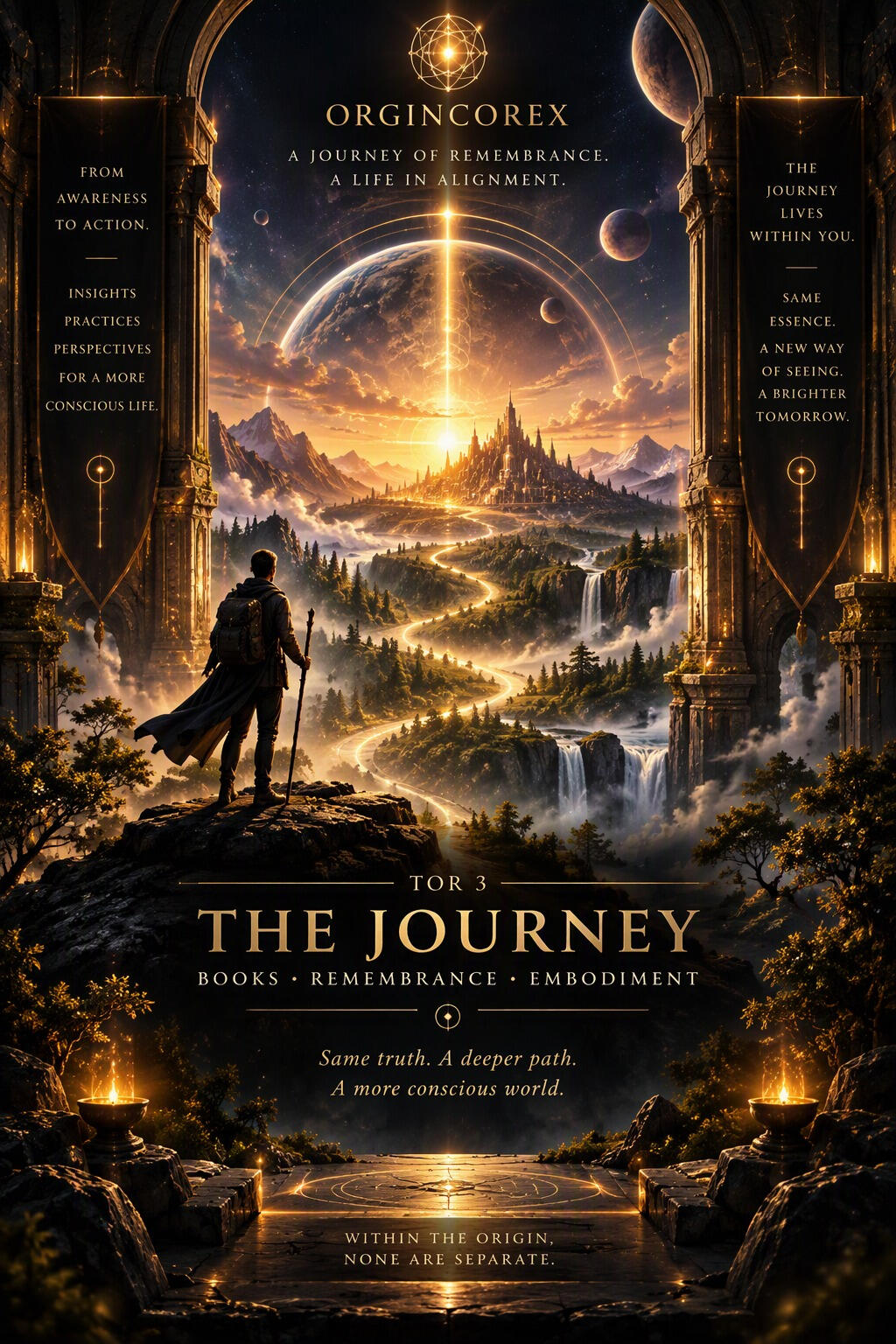 Tor 3 - The Journey Golden illuminated journey through a cosmic landscape representing remembrance and embodiment.